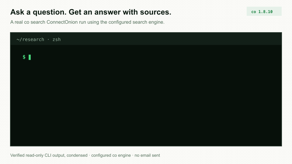 Verified co search preview: a search for ConnectOnion returns an answer with GitHub and website sources, plus a next command to fetch the GitHub page.